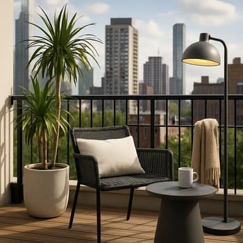 Şəhər mənzərəsinə baxan geniş balkonda bitki və işıqlandırma ilə set