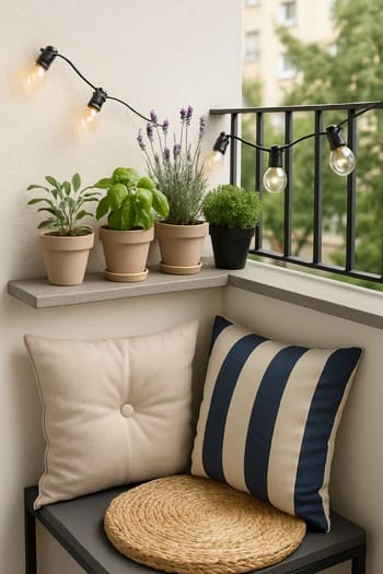 Dar balkon kənarında nazik rəf və yığcam saksı bitkiləri ilə dekor seti