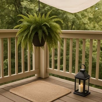 Yarı kölgəli balkonda kiçik masa, stul və otaq bitkiləri ilə Lumen & Leaf seti