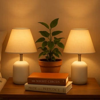 Oxu küncündə kreslo, döşəmə lampası və saksı bitkisi ilə yataq otağı seti