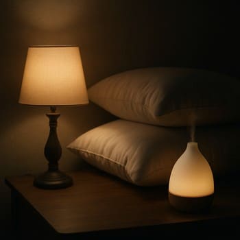 Yataq otağında başlıq, divar lampası və bitki ilə yumşaq gecə seti