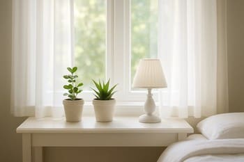 Pəncərə kənarında yüngül pərdə, bitki və kiçik dekor kasaları ilə set