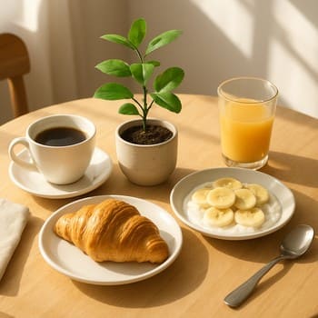 Səhər yeməyi masasında fincan, kiçik otaq bitkisi və sadə dekor