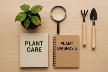 Masa üzərində sprey, parça və bir neçə kiçik otaq bitkisi ilə baxım masası