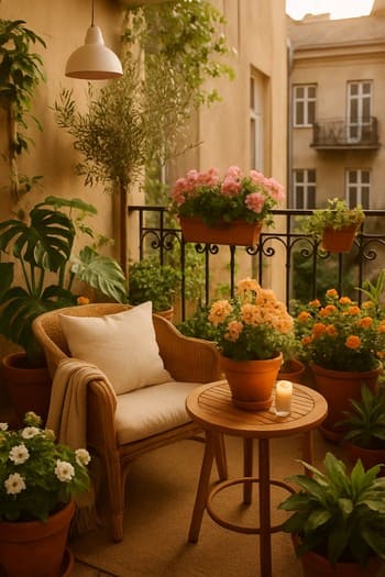 Kiçik balkonda iki saksı bitki və işıqlandırma ilə sakit axşam küncü