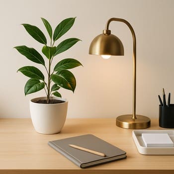Ev ofisi masasının küncündə bitki və pin co lampası ilə iş zonası