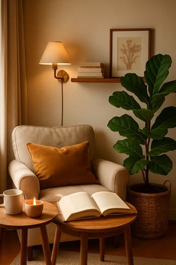 Oxu kreslosu, plaid və otaq bitkisi ilə sakit künc