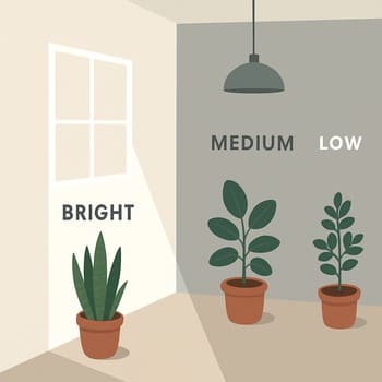 Pəncərə yaxınlığında işıq zonalarına görə yerləşdirilmiş otaq bitkiləri