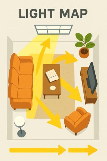 Qonaq otağında divan, pəncərə və bitkilər üçün işıq zonalarını göstərən sxem
