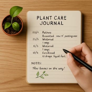 Baxım qeydləri üçün açıq dəftər, qələm və otaq bitkisi