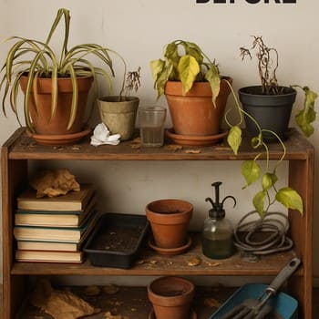 Çox dekor yığılmış, sıx kitab və bitki rəfi