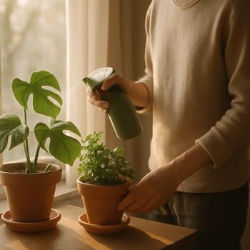 Səhər işığında pəncərə kənarında yoxlanılan otaq bitkiləri