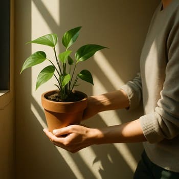 Günorta günəşi zamanı pərdə ilə yüngülcə örtülmüş pəncərə və bitki seti