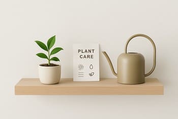 Sadə rafda bir bitki və kitablarla yeni başlayan set