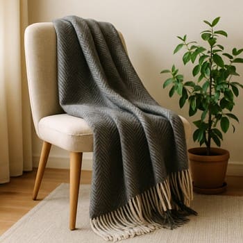 Kreslo üzərində dekor plaid və otaq bitkisi ilə yumşaq künc