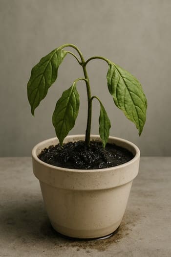 Saksı dibində qalan su və çox islanmış torpaq görüntüsü