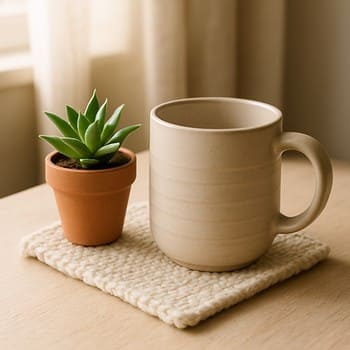 Qəhvə küncündə fincanlar, bitki və kiçik şam ilə raf kompozisiyası