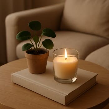 Qəhvə masasında şam, kiçik bitki və kitab dəsti ilə isti atmosfer