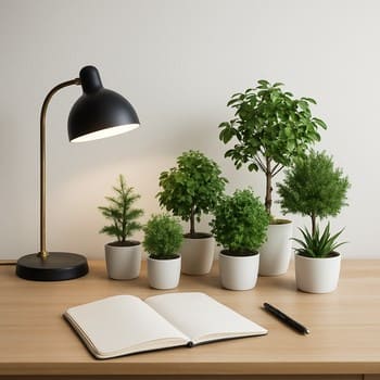 İş masasında kiçik meşə kimi görünən bitkilər və masa lampası
