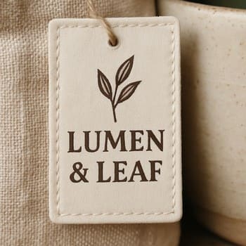 Lumen & Leaf loqosu olan kiçik etiket və pinco kasanın detal görüntüsü