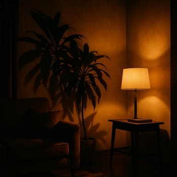Axşam lampası ilə divarda yarpaq kölgəsi oyunu yaradan kompozisiya