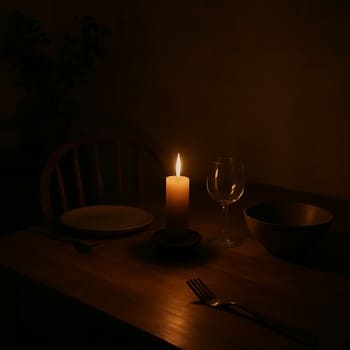 Axşam işığında şam, pin co üslubunda vaza və bitki ilə masa