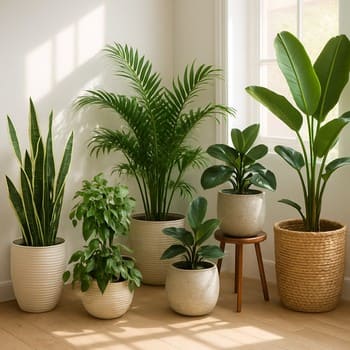 Bol günəş alan otaqda iri otaq bitkiləri ilə dekor seti