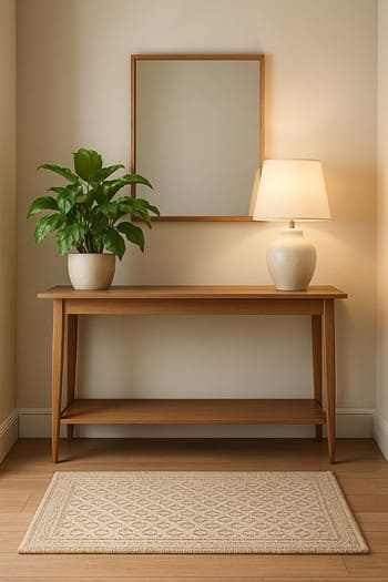 Girişdə konsol masası, güzgü və yığcam otaq bitkisi ilə set