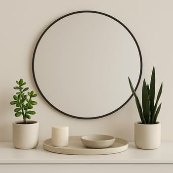 Dəhliz güzgüsü ətrafında iki tərəfdə yerləşdirilmiş otaq bitkiləri ilə dekor seti