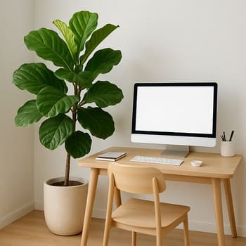 Ev ofisində monitor yanında fokus üçün seçilmiş yaşıl bitki