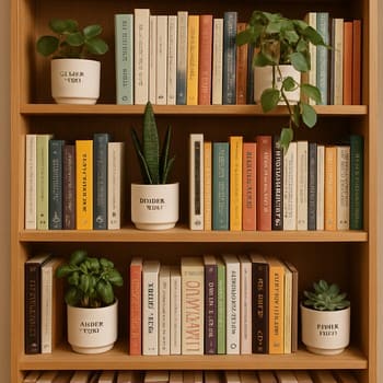 Kitab rəfləri arasında yerləşdirilmiş otaq bitkiləri və dekor kasaları ilə ev ofis küncü