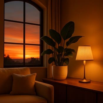 Gün batımı işığında pəncərə kənarında bitkilər və pinco kasalarla balkon seti