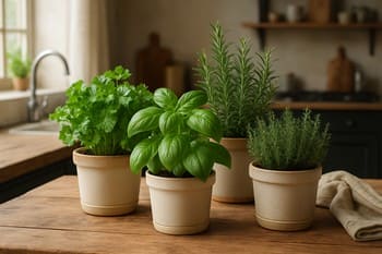 Mətbəx masasında gündəlik istifadə üçün yaşıl ədviyyat və ot kasaları