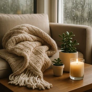 Yumşaq tonlarda divan, yastıqlar və sakit otaq bitkiləri ilə qonaq otağı seti