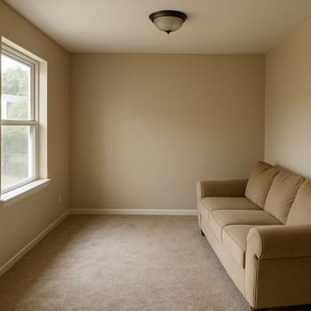 Dekorsuz və bitkisiz, sadə və düz qonaq otağı görünüşü