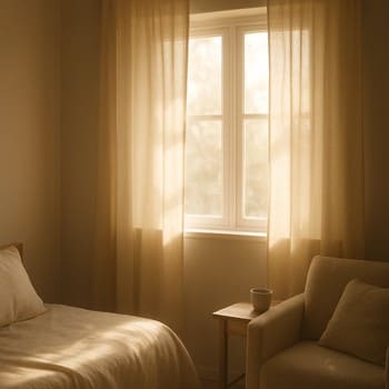 Səhər günəşi altında pəncərə yanında yüngül işıqlı otaq bitkisi