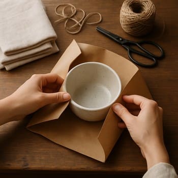 Paketləmə masasında kağız, lent və səliqə ilə yerləşdirilmiş bitki kompozisiyası