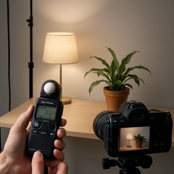 Ətraf işıq və lampa ilə dekor seti üzərində işıq testi