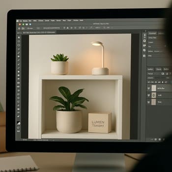 Atelye rəfində sınaq üçün yığılmış dekor və bitki kompozisiyası