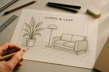 Raf və divan yerləşimi üçün əllə çəkilmiş dekor sketçi