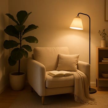 Oxu küncündə kreslo, döşəmə lampası və iri otaq bitkisi