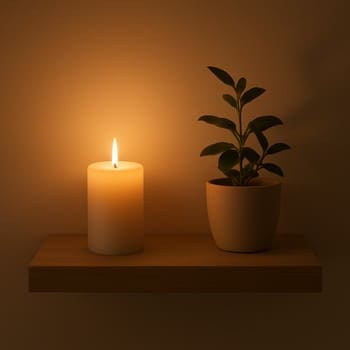 Rəf üzərində yumşaq parıltılı şam və kiçik dekor elementləri