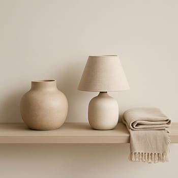 Açıq rəngli rəfdə neytral pinco kasalar və yığcam otaq bitkisi ilə kompozisiya