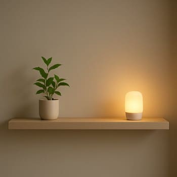 Ağ rəf üzərində qızılı işıqda balaca otaq bitkiləri və dekor əşyaları