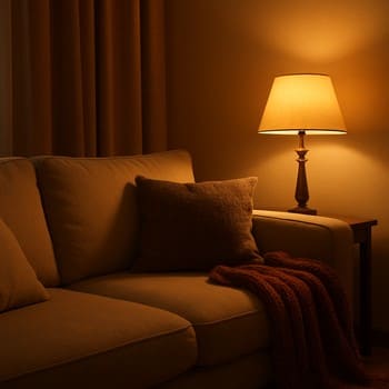 Axşam işığında divan, şam və bitkilərlə isti qonaq otağı küncü