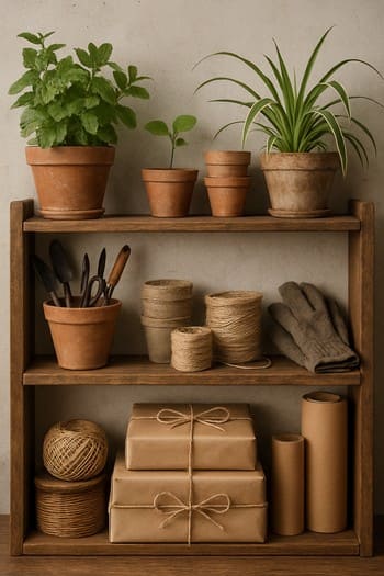 Atelye rəflərində otaq bitkiləri, kasalar və dekor alətləri ilə Lumen & Leaf iş guşəsi