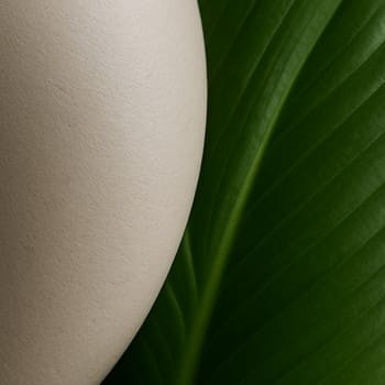 Keramik kasa və yaşıl yarpaq detalları ilə sakit faktura kombinasiyası