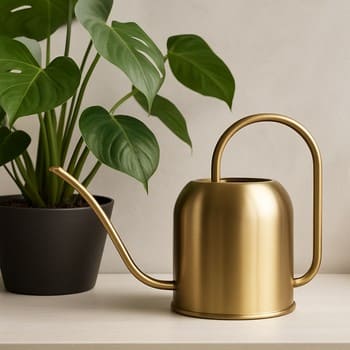 Su qabı ilə saksı bitkisinin yavaş və diqqətli sulanması