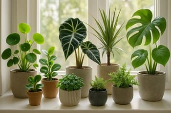 Şəhər mənzərəsinə baxan pəncərə rəfində müxtəlif otaq bitkiləri