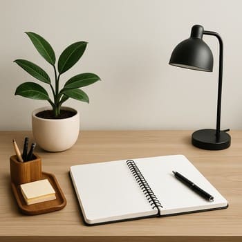 İş masasında noutbuk, masa lampası və yaşıl bitki kompozisiyası